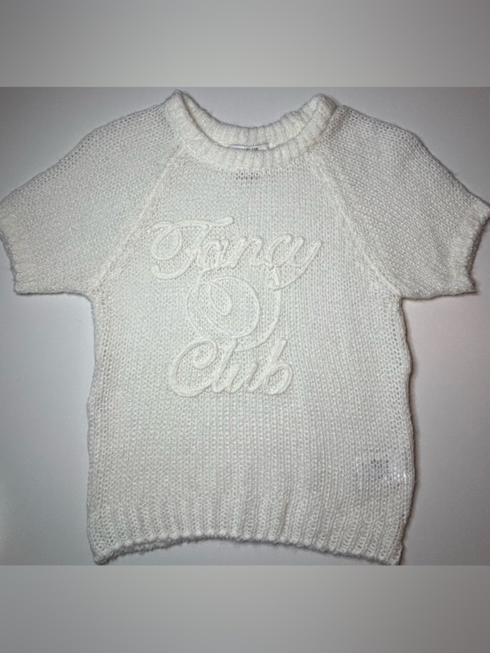 Fancy Club Embroidered Net Knit Top Ivory One Size Raglan Sheer Logo Trendy - Picture 5 of 13